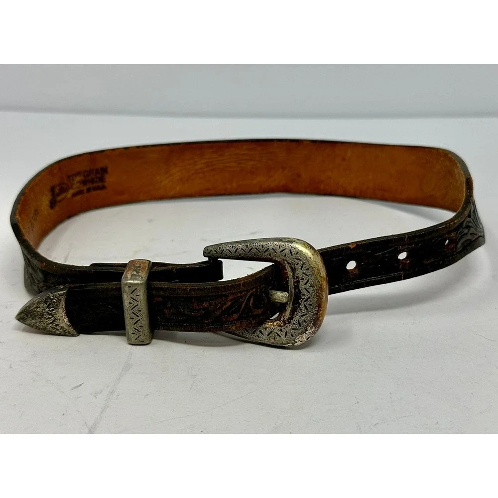 Justin Vintage Kids Western Belt Black Floral Tooled Leather Made in USA